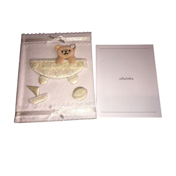 Baby Memory Book Photo Album Fabric Bear Ribbon Lace White Cream Applique 9"x7" - Picture 3 of 6